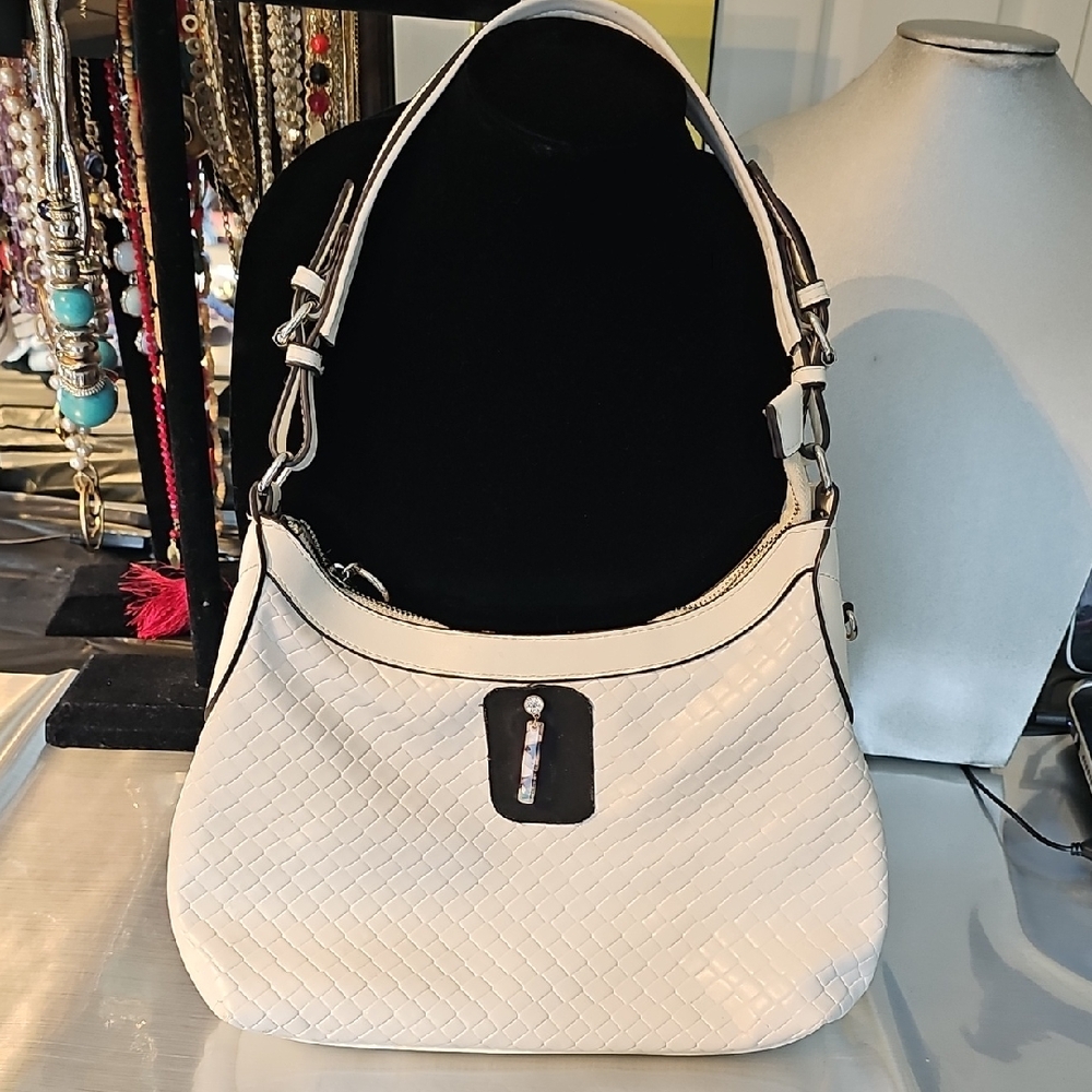 Elegant White and Black Woven Handbag